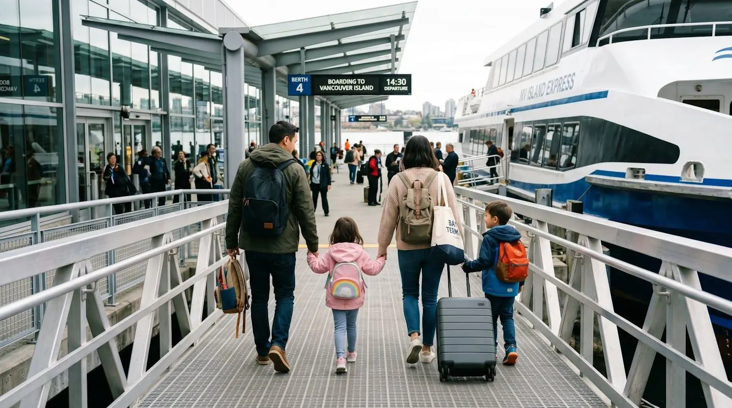 Famiglia con genitori e due bambini piccoli che sale a bordo di un traghetto con valigie e borse, vista di profilo in un terminal luminoso e contemporaneo
