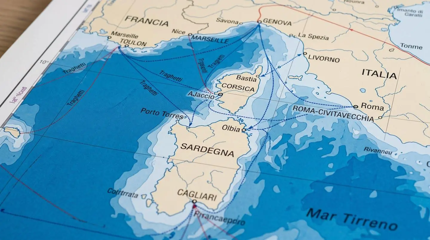 Mappa cartografica del Mediterraneo occidentale con evidenziate le rotte marittime che collegano i porti italiani e francesi alla Sardegna