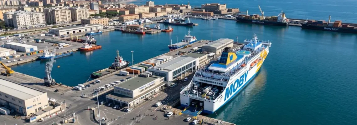 Vista aerea del porto di Livorno con un traghetto Mega Express ormeggiato lungo la banchina principale, giornata di sole con mare calmo