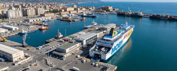 Vista aerea del porto di Livorno con un traghetto Mega Express ormeggiato lungo la banchina principale, giornata di sole con mare calmo